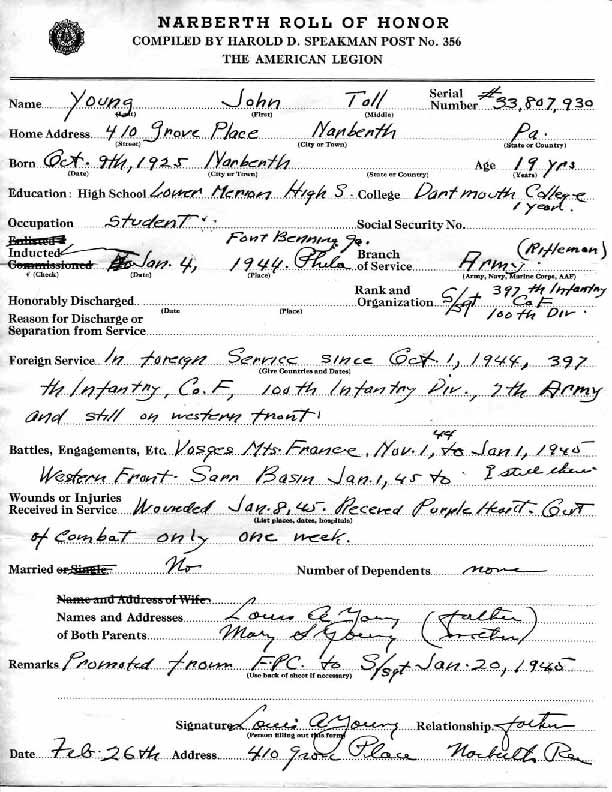 Roll of honor form for John Young