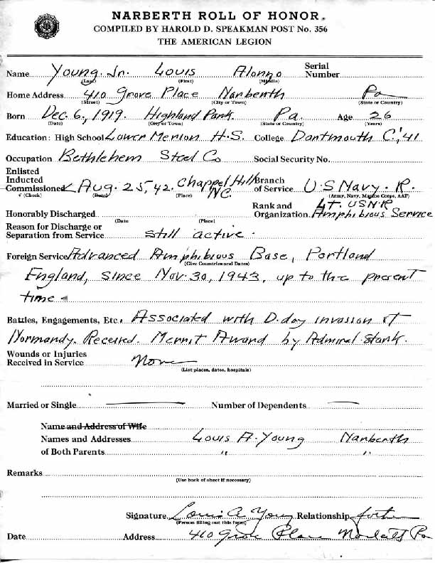 Roll of honor form for Louis Young