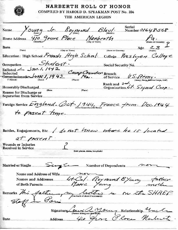 Roll of honor form for Raymond Young