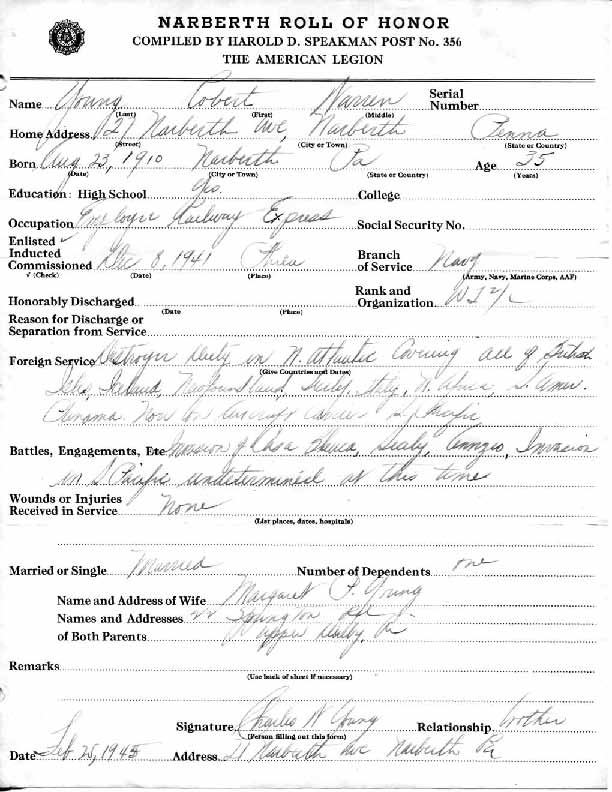 Roll of honor form for Robert Young