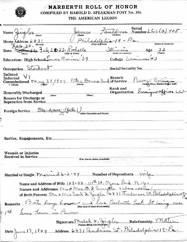 Roll of honor form for James Zeigler
