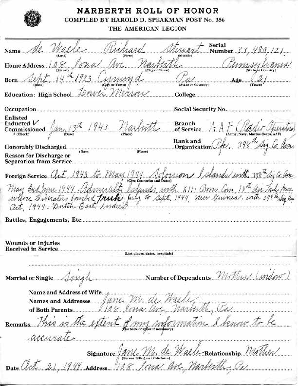 Roll of honor form for Richard deWaele